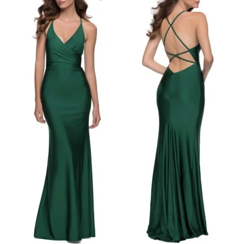 La Femme 29848 Faux Wrap Strappy Criss Cross Open Back Gown in Emerald Sz. 0